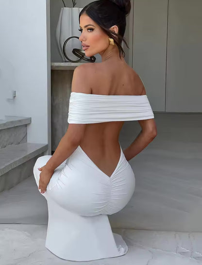 Off-Shoulder Backless Ruched Back Maxi Dress