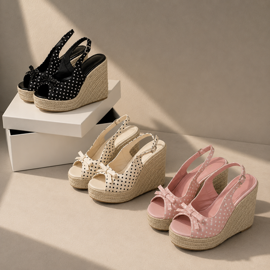 Satin Polka Dot Wedge Bow Heels