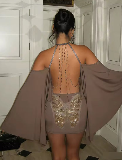 Backless Halter Butterfly Mini Dress