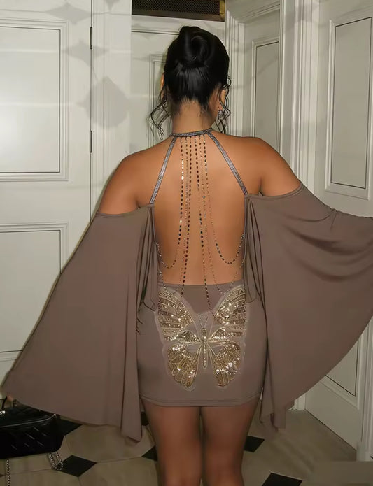 Backless Halter Butterfly Mini Dress