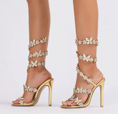 Rhinestone Wrap-around Floral Butterfly Heels