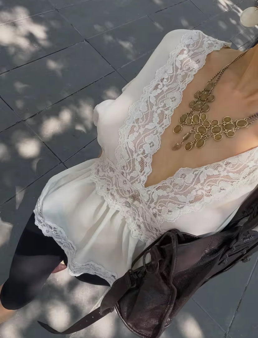 White Sheer Lace V-Neck Top