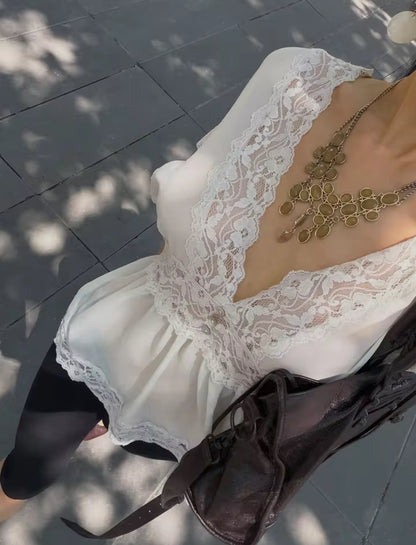 White Sheer Lace V-Neck Top