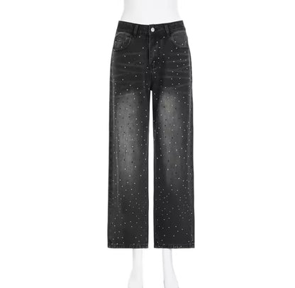 Faded Black Sparkly Diamanté Embellished Straight Leg Jeans