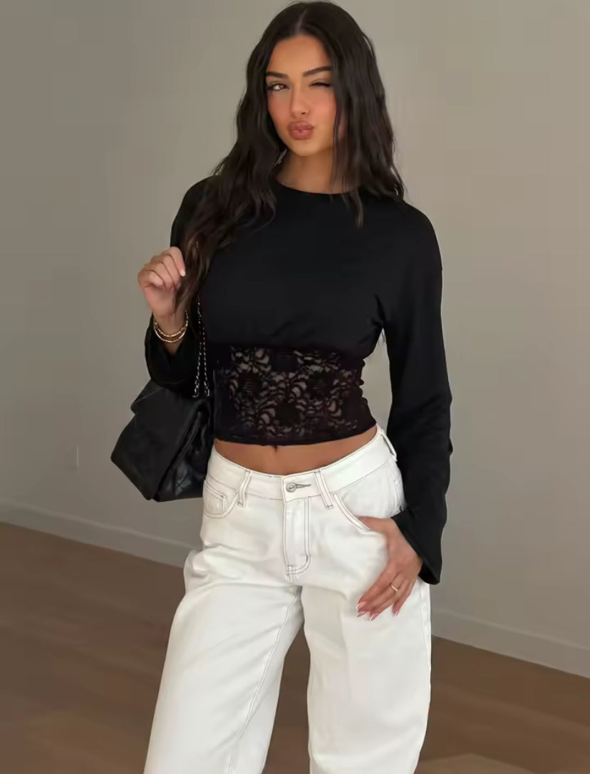 Black Lace Waist Long Sleeve T-Shirt