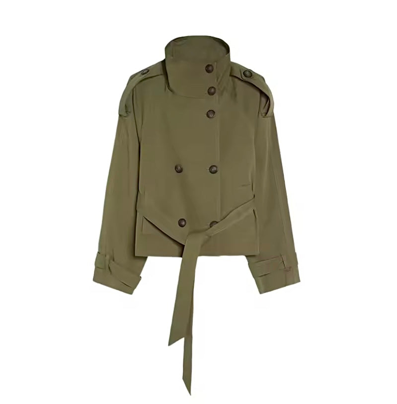 An olive green double-breasted trench jacket with a high stand-up collar, button closures, shoulder epaulets, and a matching waist tie belt, shown against a plain white background.