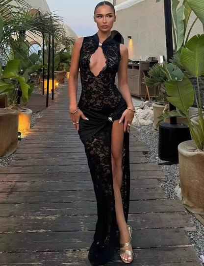 Sheer Lace Side Split Keyhole Maxi Dress