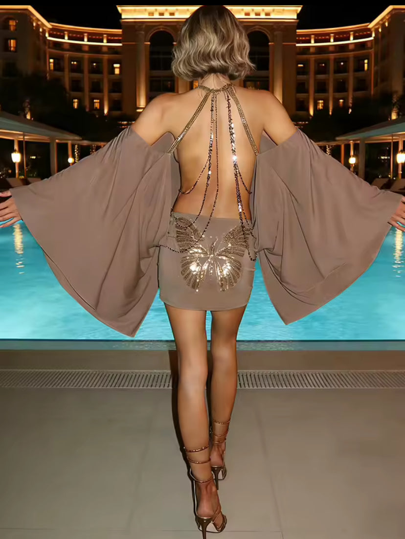 Backless Halter Butterfly Mini Dress