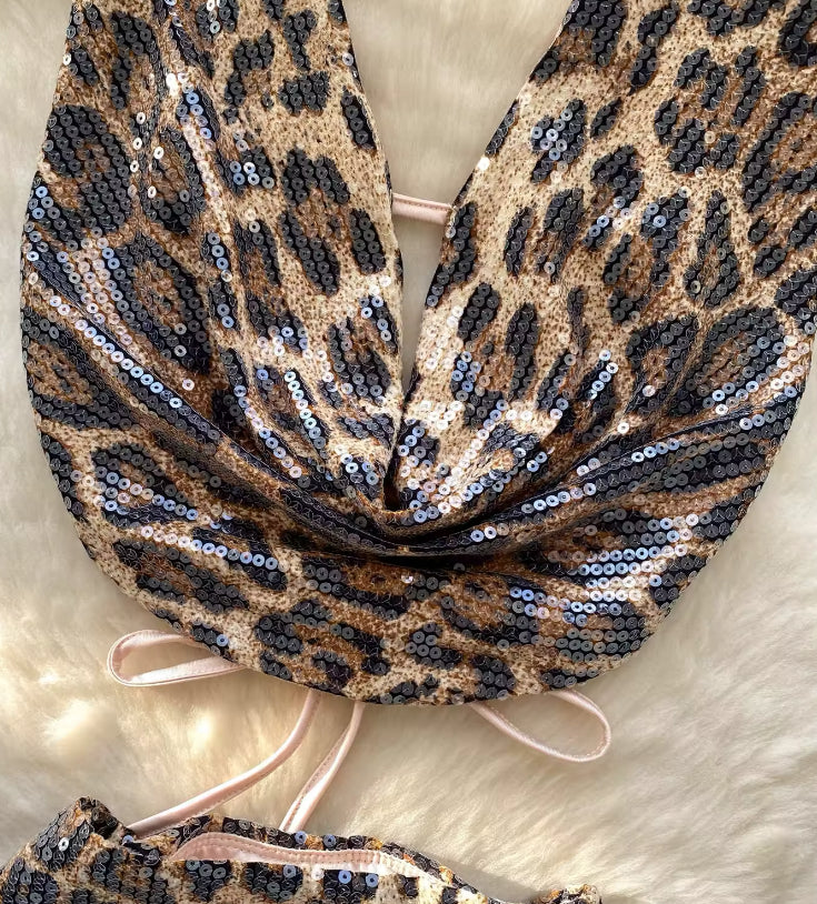 Sequin Leopard Print Hanging Halterneck Mini Skirt Co-Ord