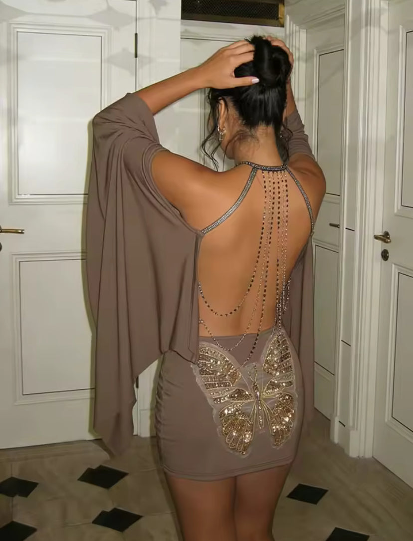Backless Halter Butterfly Mini Dress
