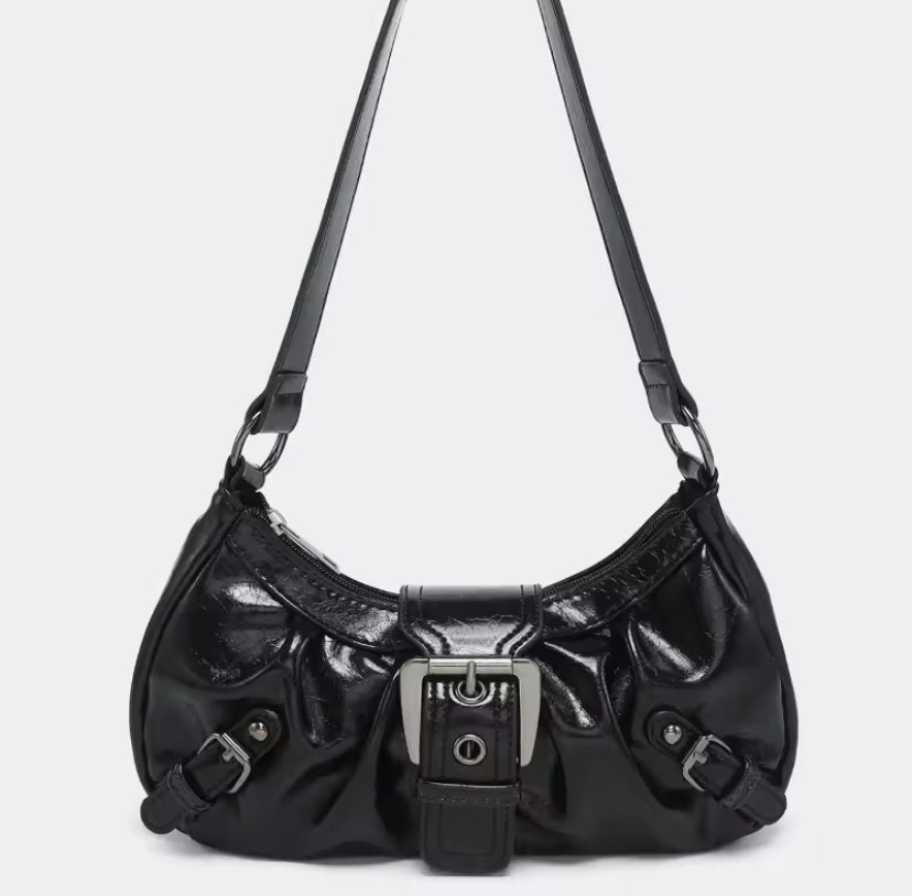 Faux Leather Ruched Buckle Bag