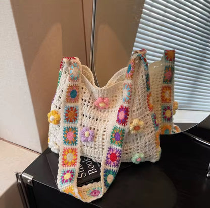 Crochet Knitted Flower Detail Tote Bag