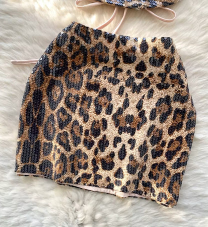 Sequin Leopard Print Hanging Halterneck Mini Skirt Co-Ord