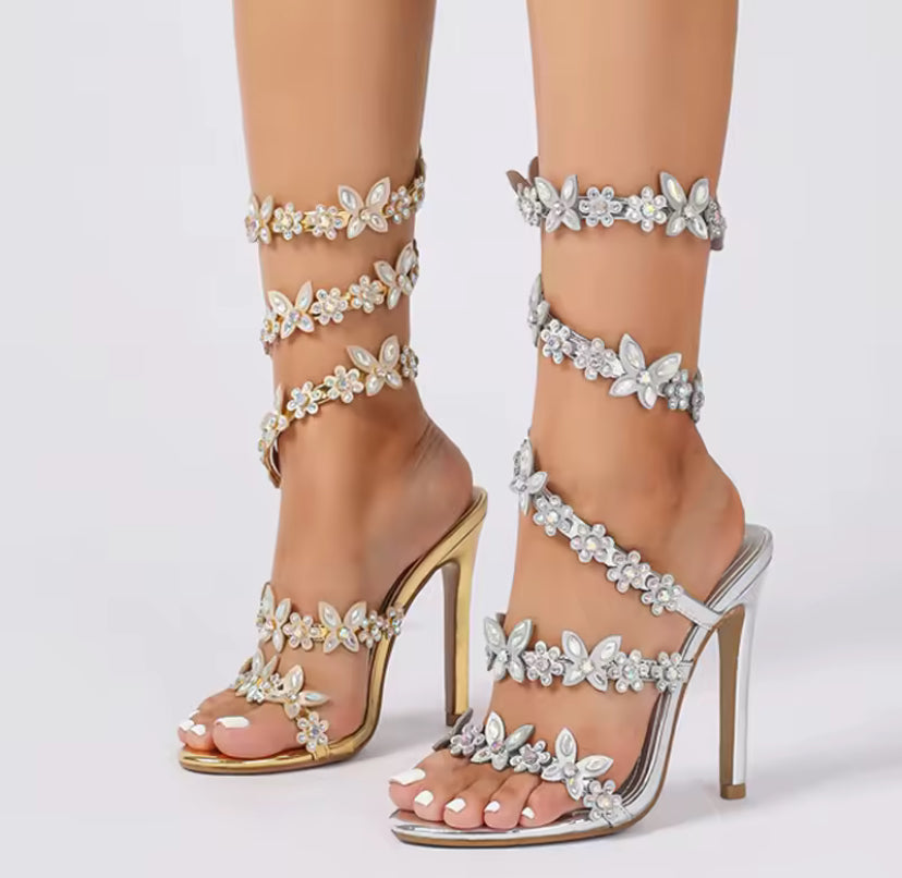 Rhinestone Wrap-around Floral Butterfly Heels