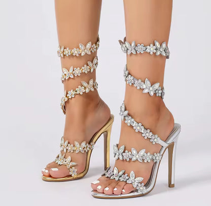 Rhinestone Wrap-around Floral Butterfly Heels