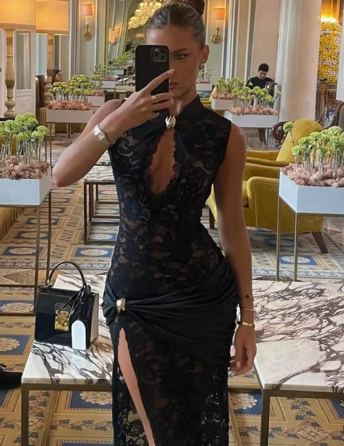 Sheer Lace Side Split Keyhole Maxi Dress