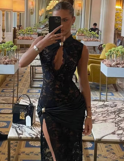 Sheer Lace Side Split Keyhole Maxi Dress