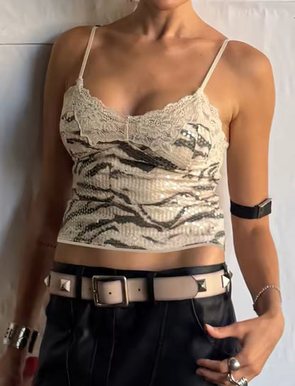Sequin Lace Zebra Print Vest Top