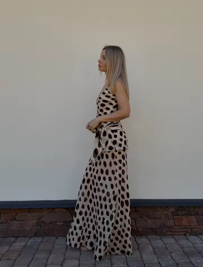 Mesh Dot Print Tie Up Layered Maxi Dress