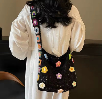 Crochet Knitted Flower Detail Tote Bag