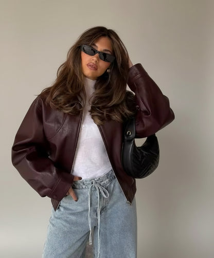 Burgundy Collared Zip Up Bomber Jacket