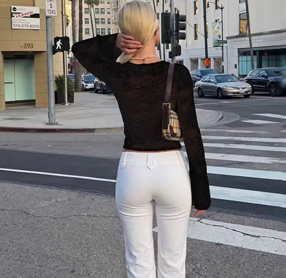 Sheer Lace Hook & Eye Long Sleeve Top