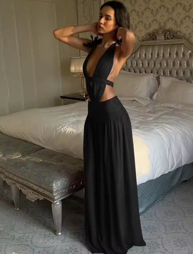 Lace Detail Open Backless Halter Maxi Dress