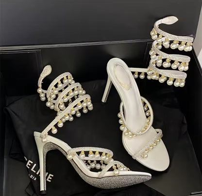 Wrap-Around Pearl Dangle Heels
