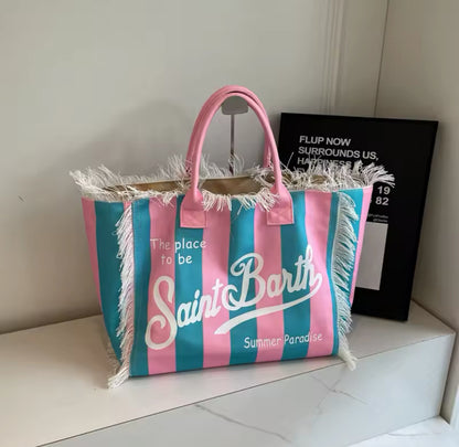 Large Slogan Print Frayed Canvas Tassel Tote Shoulder Bag