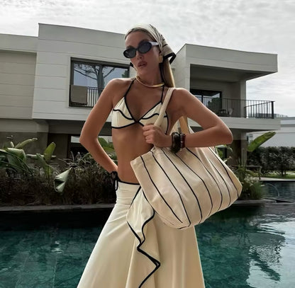 Black & White Contrast Seam Ruffle Maxi Skirt Beachwear Bikini Set