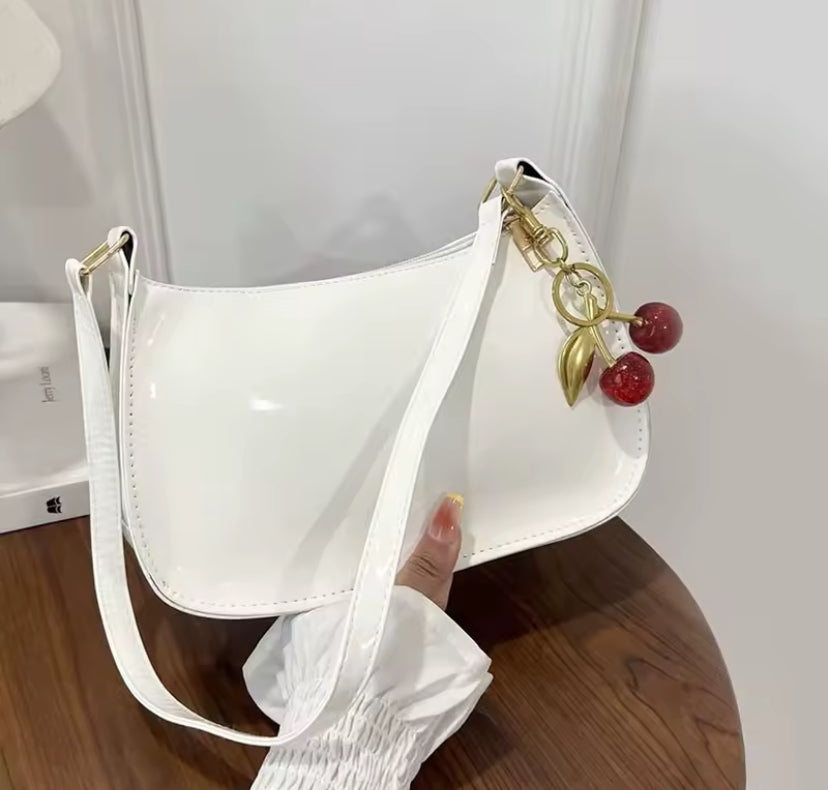 Shiny Faux Leather Cherry Detail Shoulder Bag