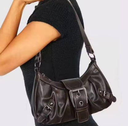 Faux Leather Ruched Buckle Bag
