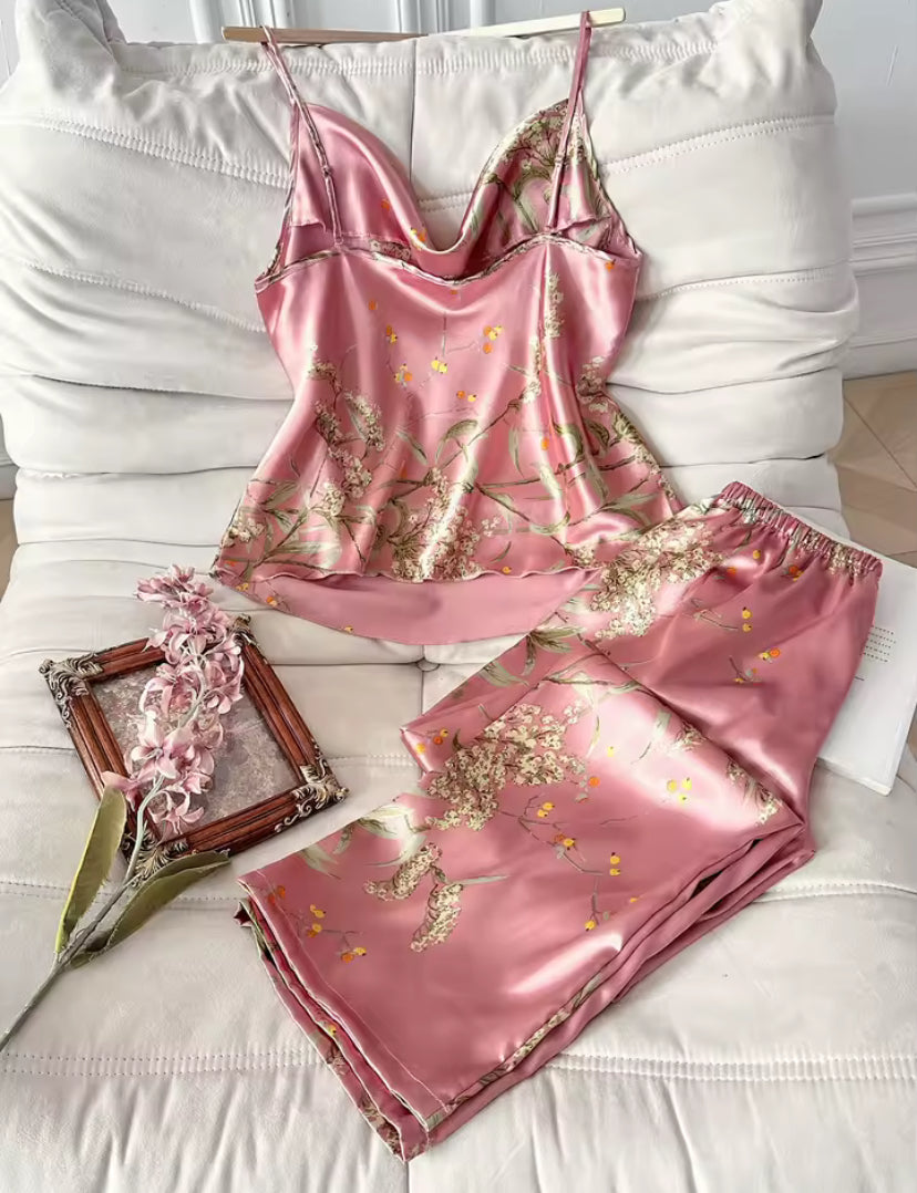 Pink Satin Floral Pyjama Set