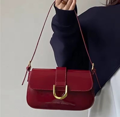 Red Shiny Faux Leather Metal Detail Shoulder Bag