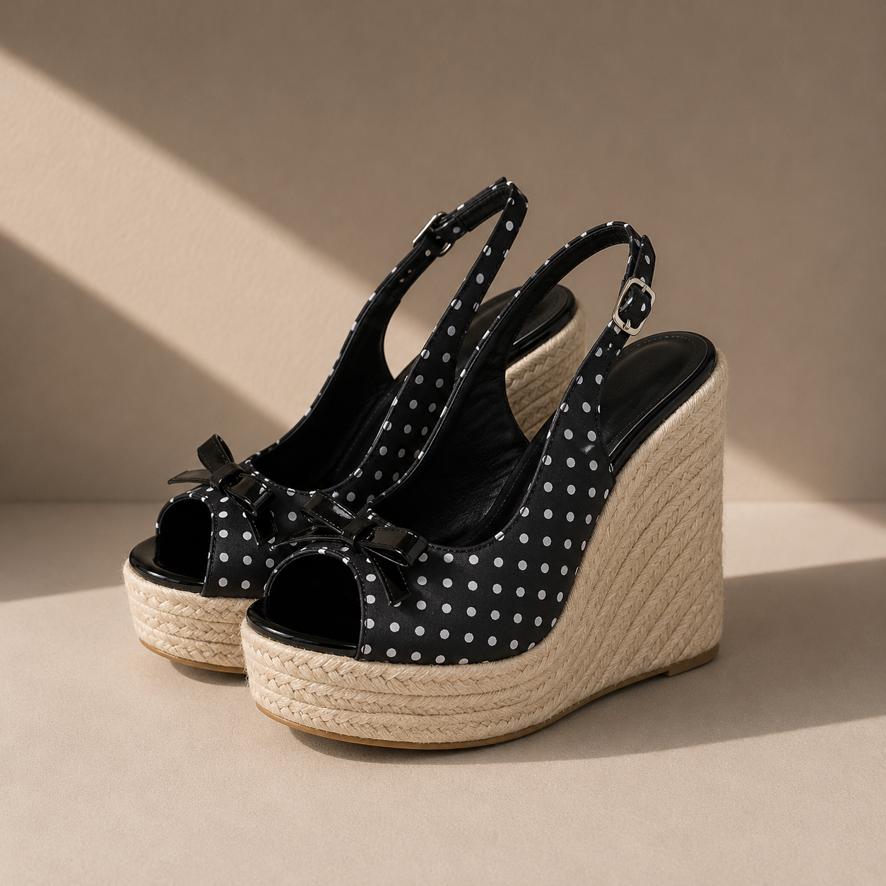 Satin Polka Dot Wedge Bow Heels
