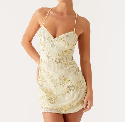 Floral Beaded Sequin Mini Dress