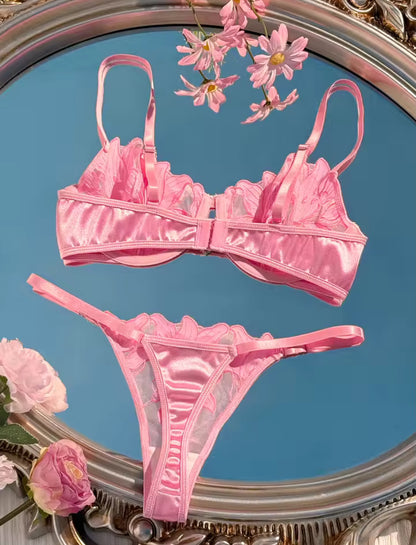 Pink Satin Floral Embroidered Underwear Set