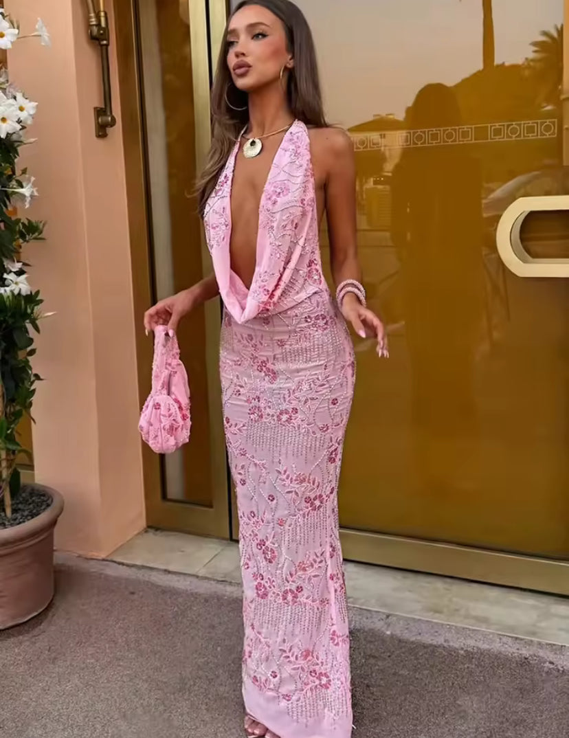 Beaded Sequin Cowl Neck Maxi Dress