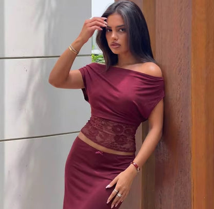 Short Sleeve Off-Shoulder Lace Waist Top