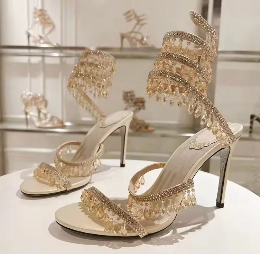 Crystal Cascade Wrap Heels