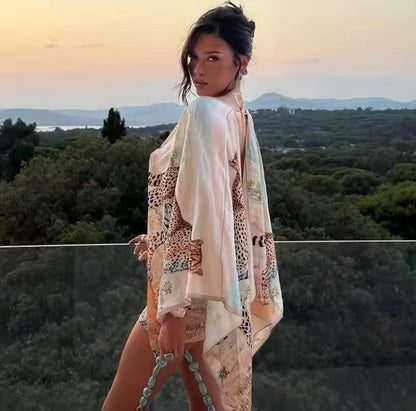 Animal Print Backless Kimono Mini Dress