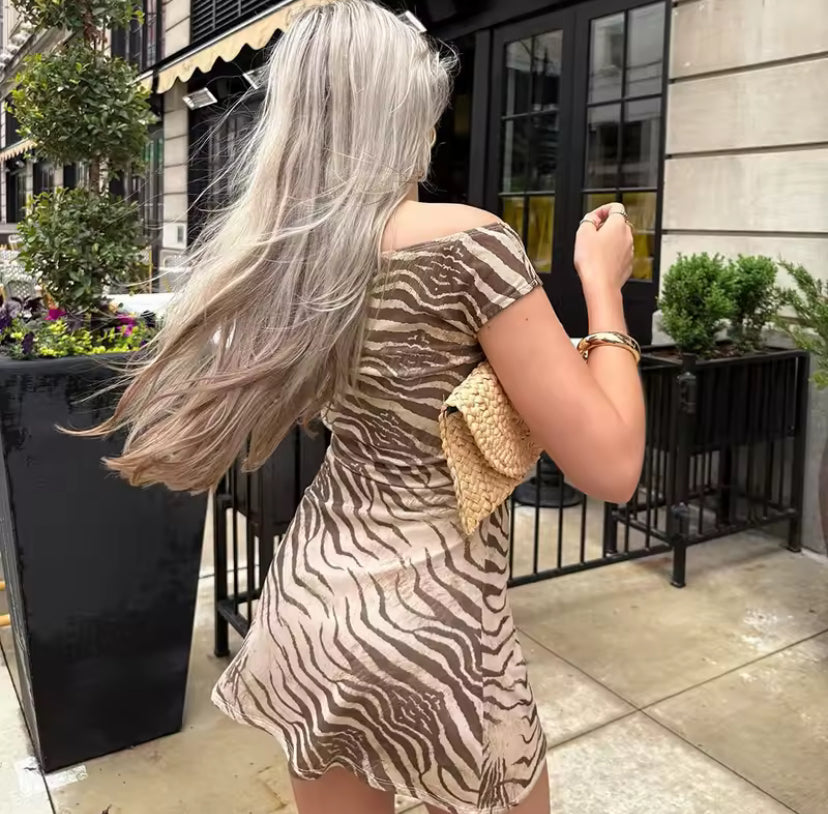 Sheer Zebra Off-Shoulder Mini Dress