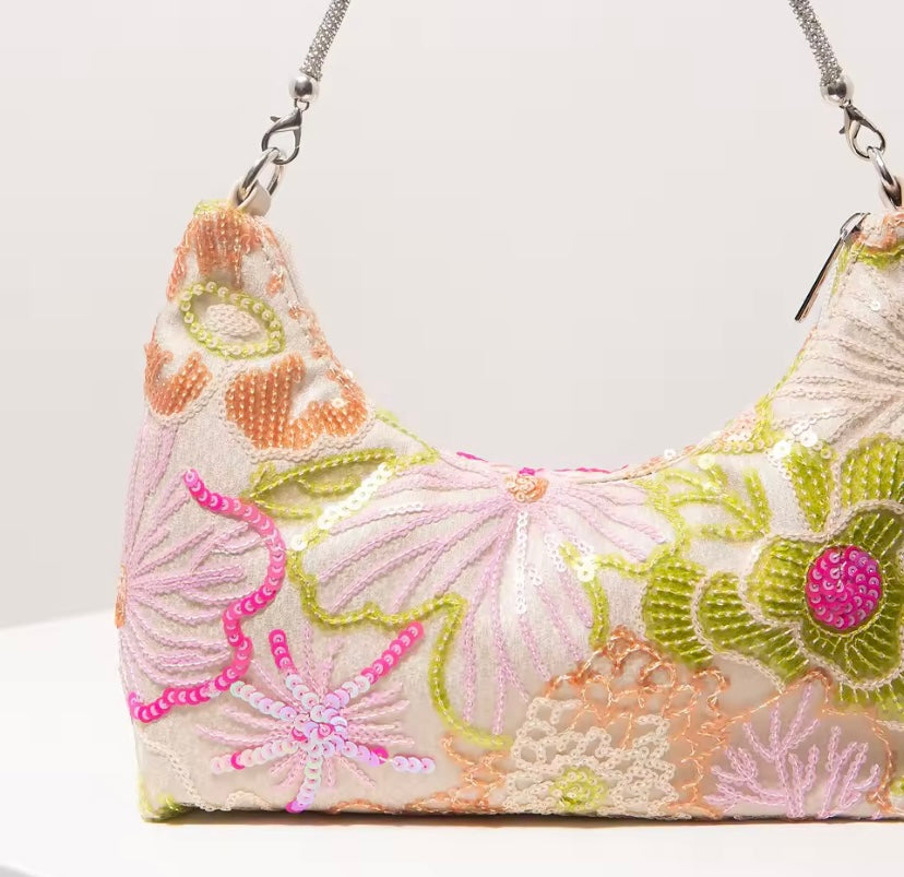 Diamanté Strap Beaded Sequin Floral Handbag