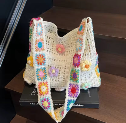 Crochet Knitted Flower Detail Tote Bag
