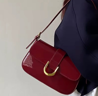 Red Shiny Faux Leather Metal Detail Shoulder Bag