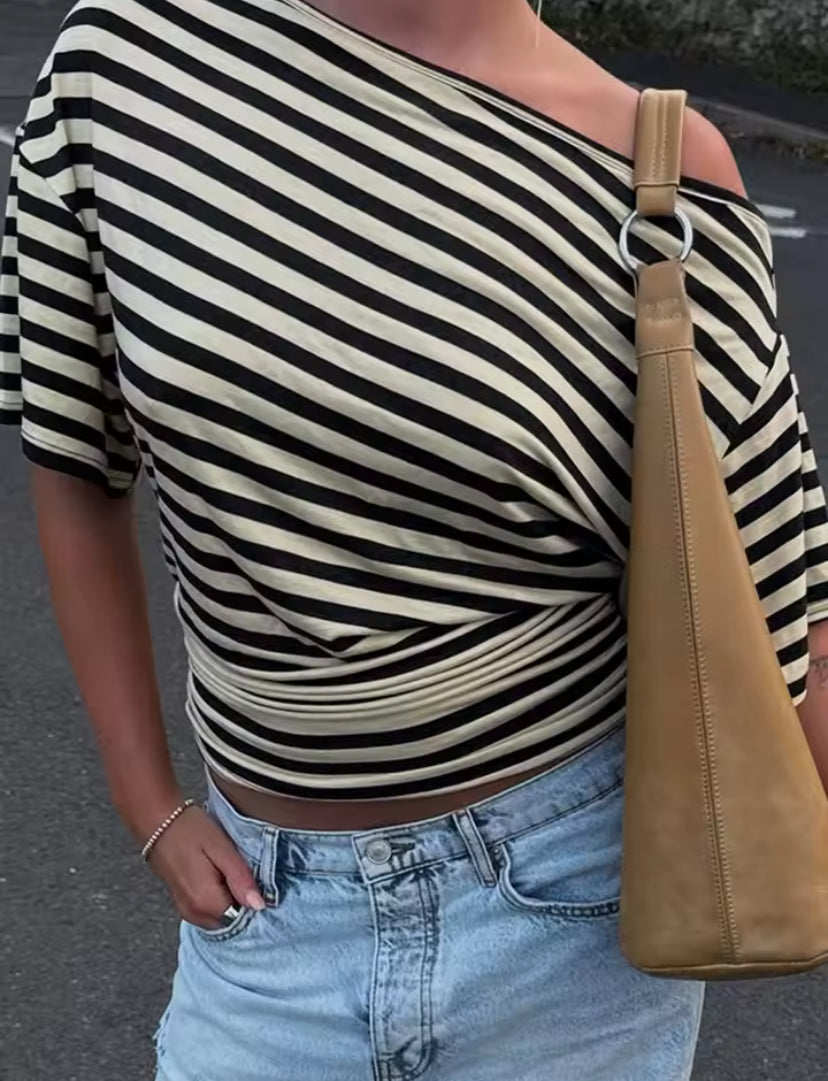 Striped Off-Shoulder Fitted Waist Top