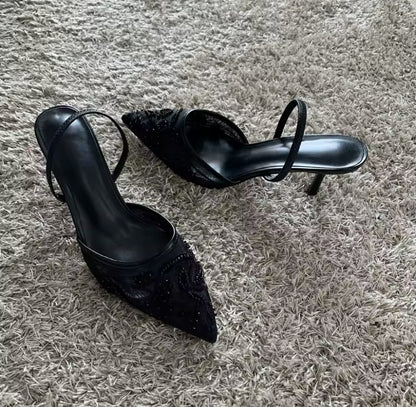 Mesh Embroidered Slingback Pointed Heel