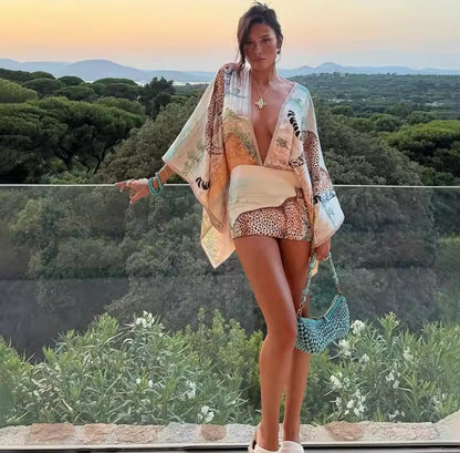 Animal Print Backless Kimono Mini Dress
