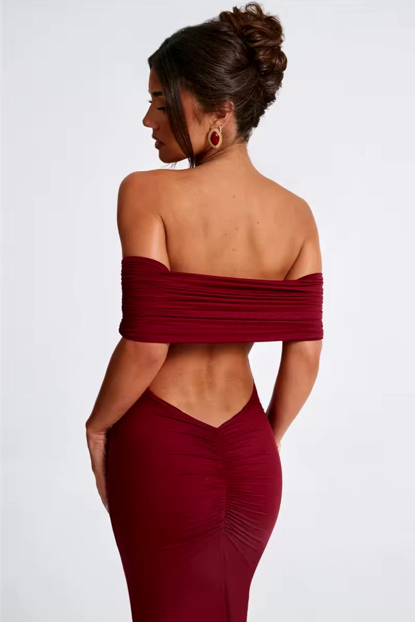 Off-Shoulder Backless Ruched Back Maxi Dress