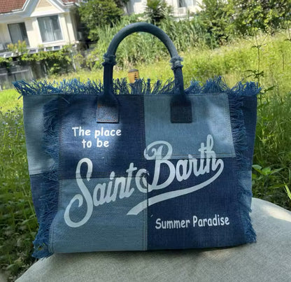 Large Slogan Print Frayed Canvas Tassel Tote Shoulder Bag